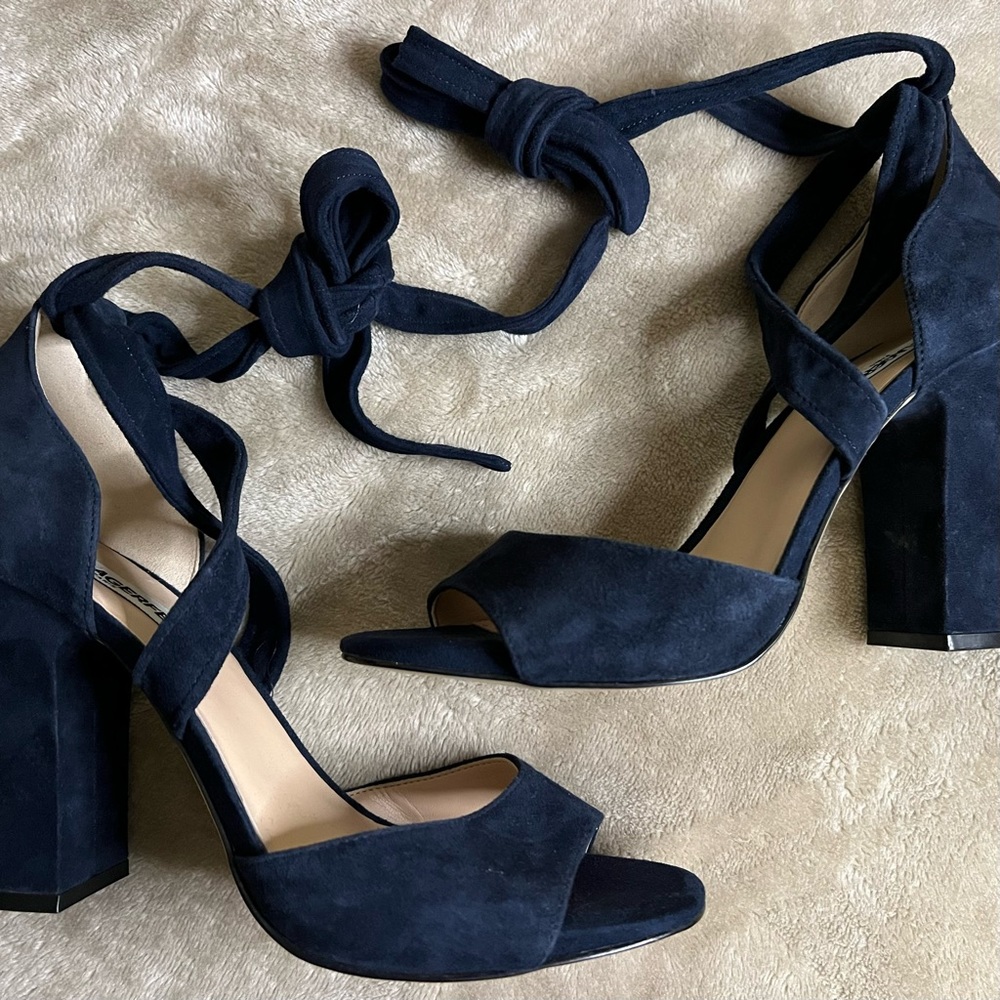 Karl Lagerfeld Racha Blue Suede Block Heel Sandals - Size 9M